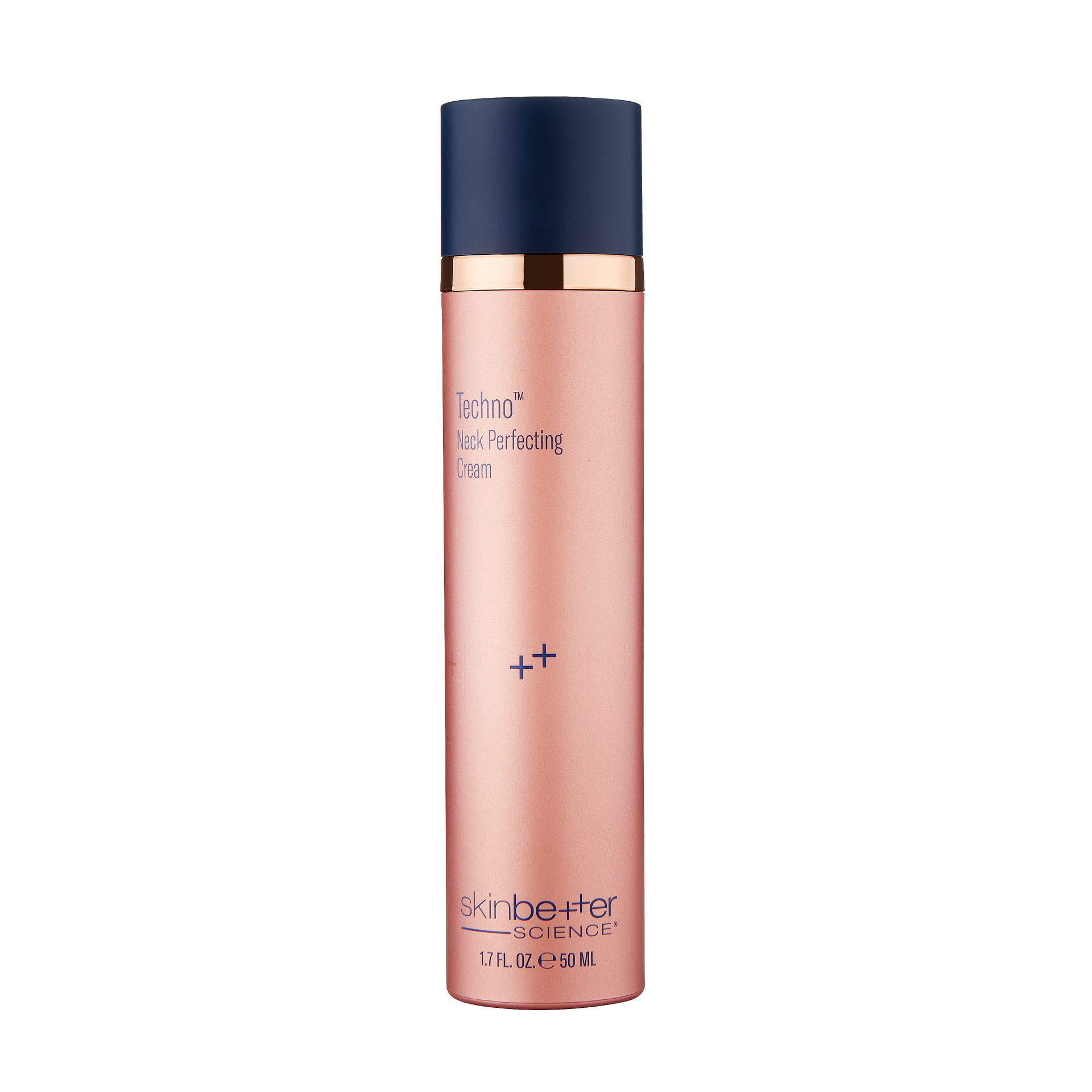 A tall, rose-gold colored SkinBetter facial product bottle with a dark blue cap.