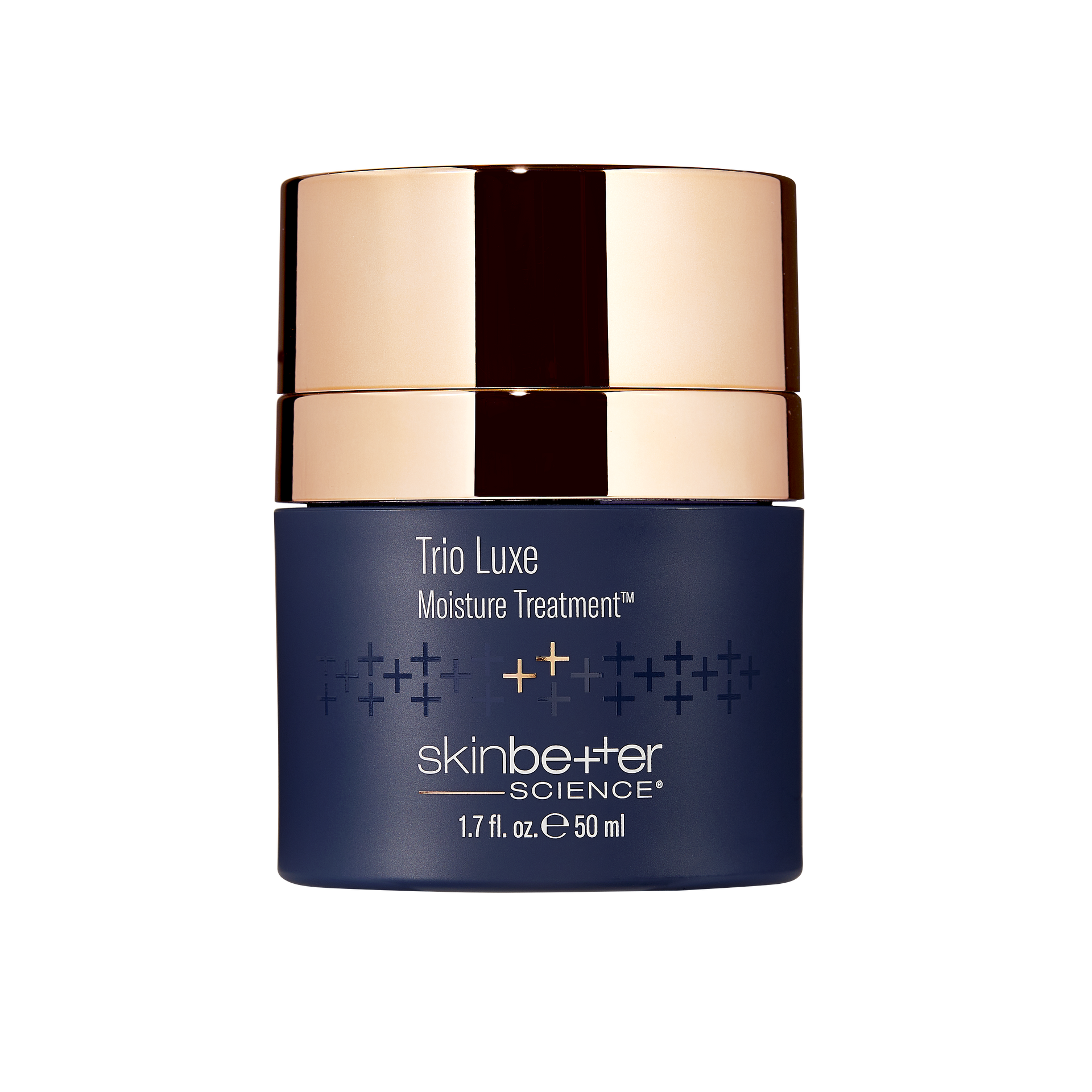Skinbetter Science Trio Luxe moisture treatment jar. Navy blue with gold lid, white text.