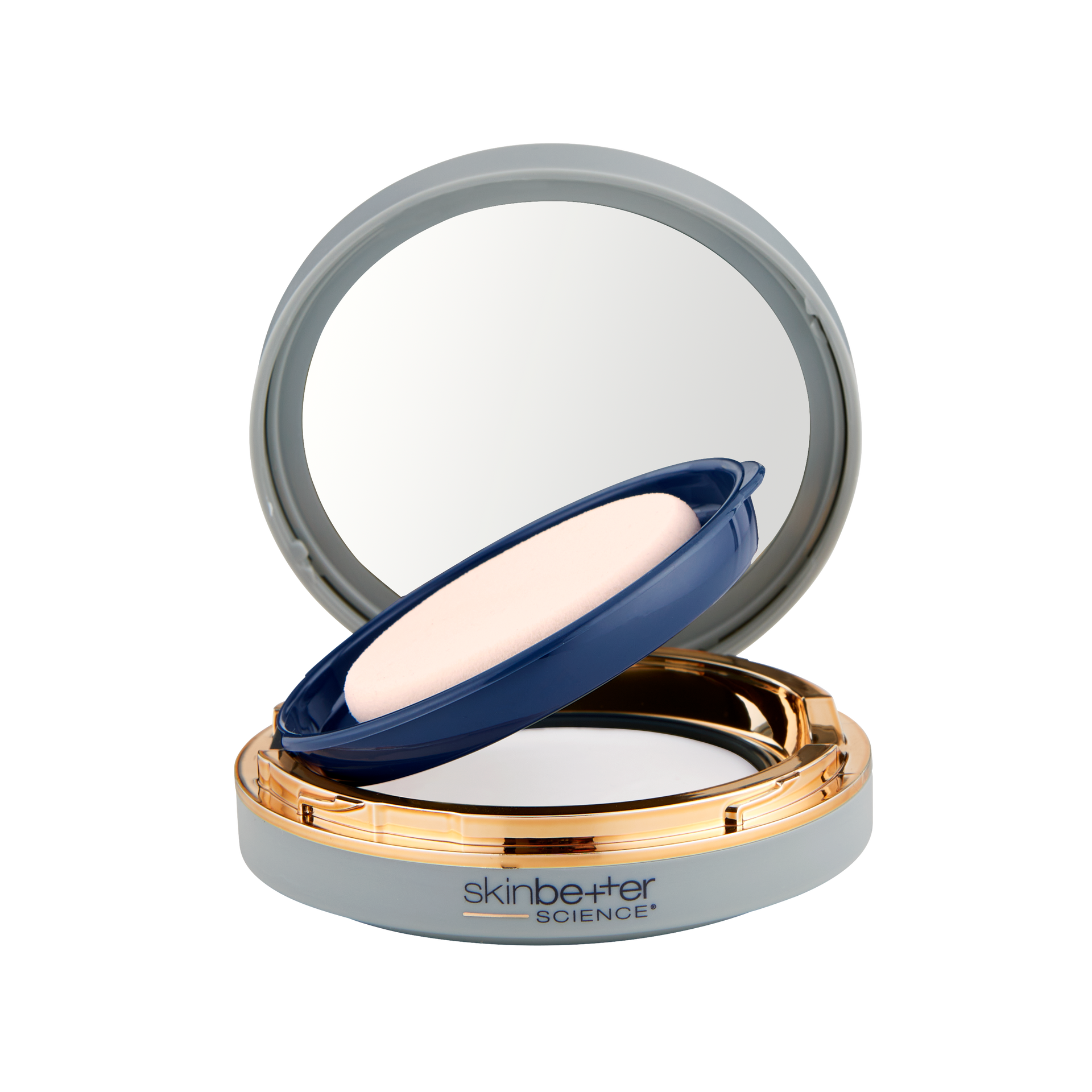 Compact powder case with mirror and puff, open; gray and gold trim, blue details.