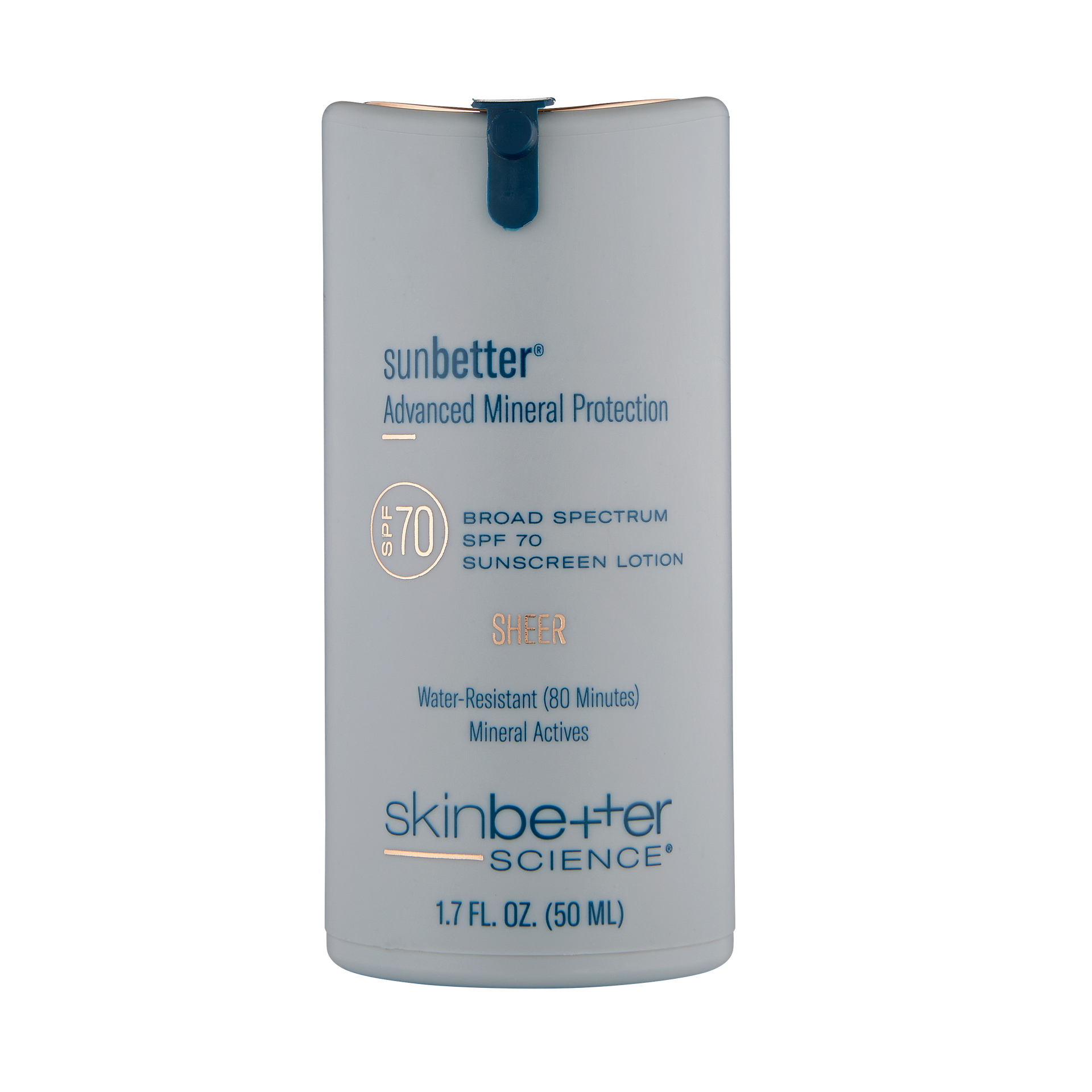 White Skinbetter sunscreen lotion bottle with blue cap, SPF 70, on a white background.