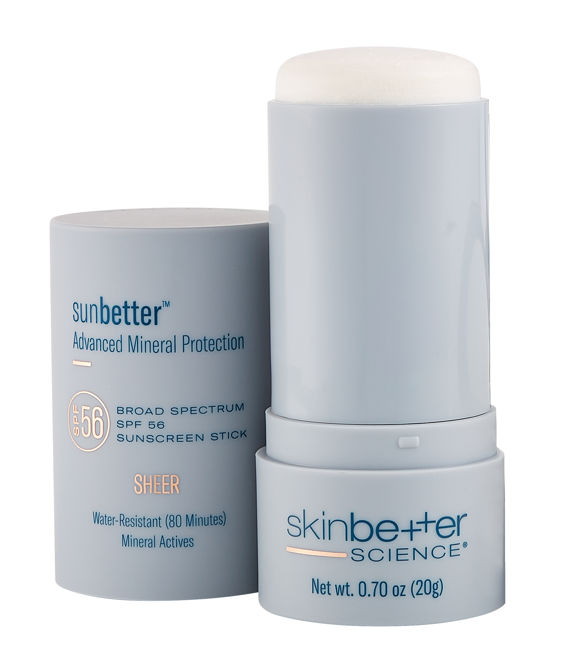 Sunbetter Mineral Face Stick SPF 56, blue tube, open, revealing white sunscreen stick.