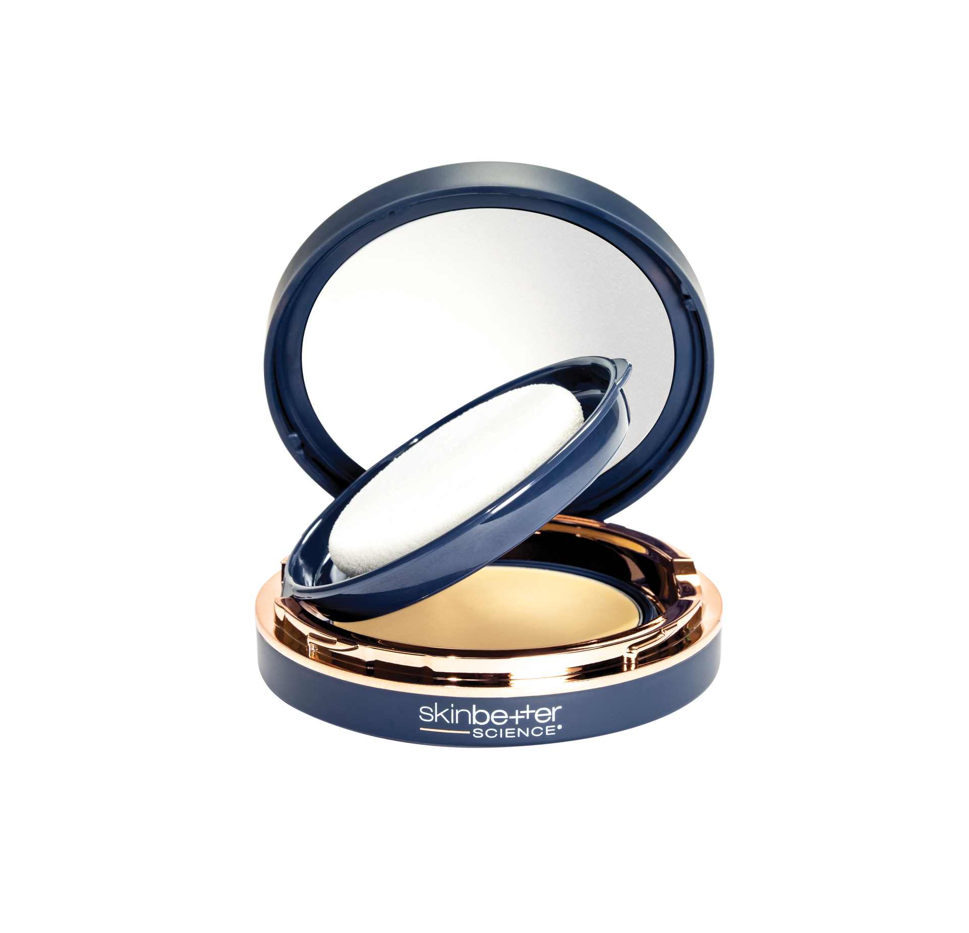A navy compact with gold trim containing face powder, a puff, and a mirror.