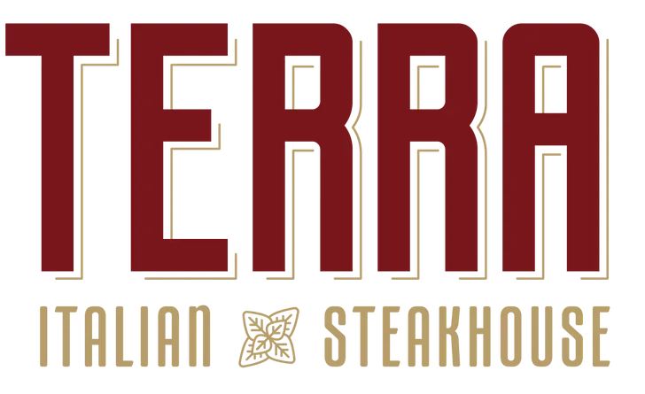 The terra italian steakhouse logo is red and gold on a white background.