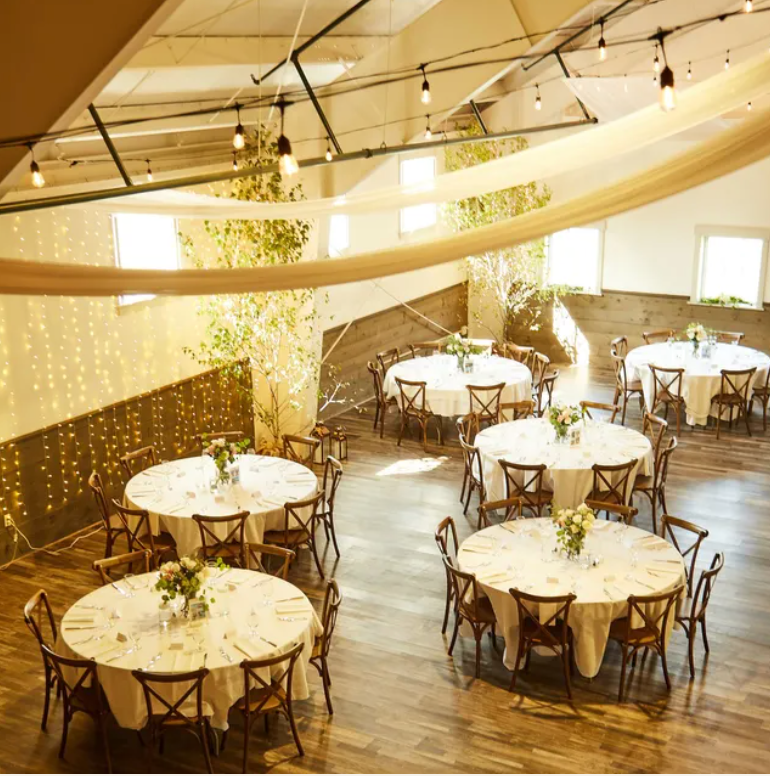 A large room with lots of tables and chairs