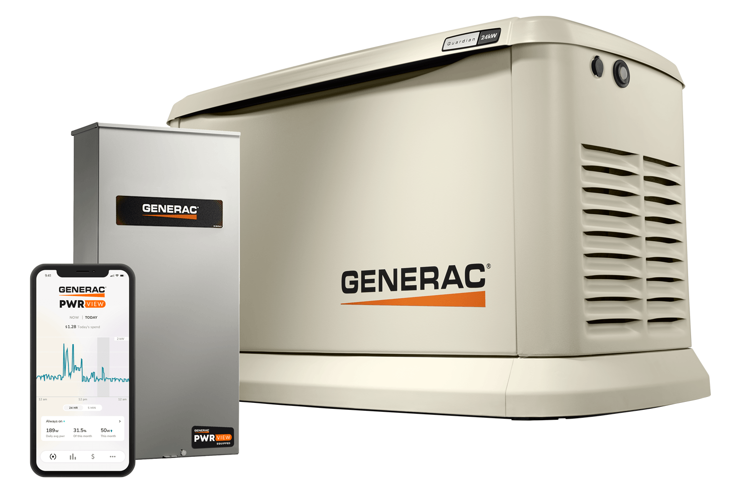 a generac generator is sitting next to a cell phone .