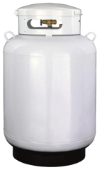 a white propane tank with a black base and handles on a white background .