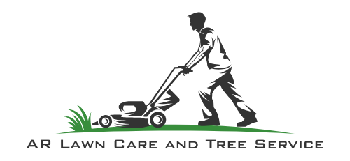 Logo featuring a person mowing lawn, green grass, and text 