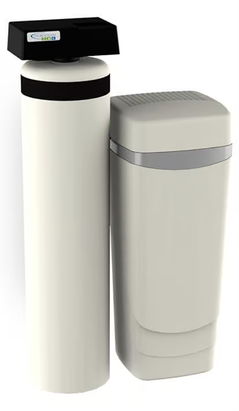 Two white water softeners are sitting next to each other on a white background.