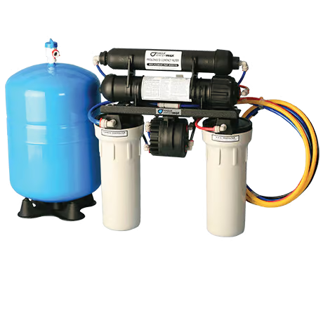 A water filter is sitting next to a blue tank.