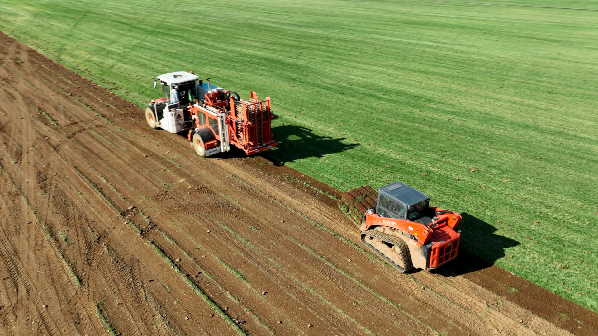 Two tractors are plowing a field of grass.
