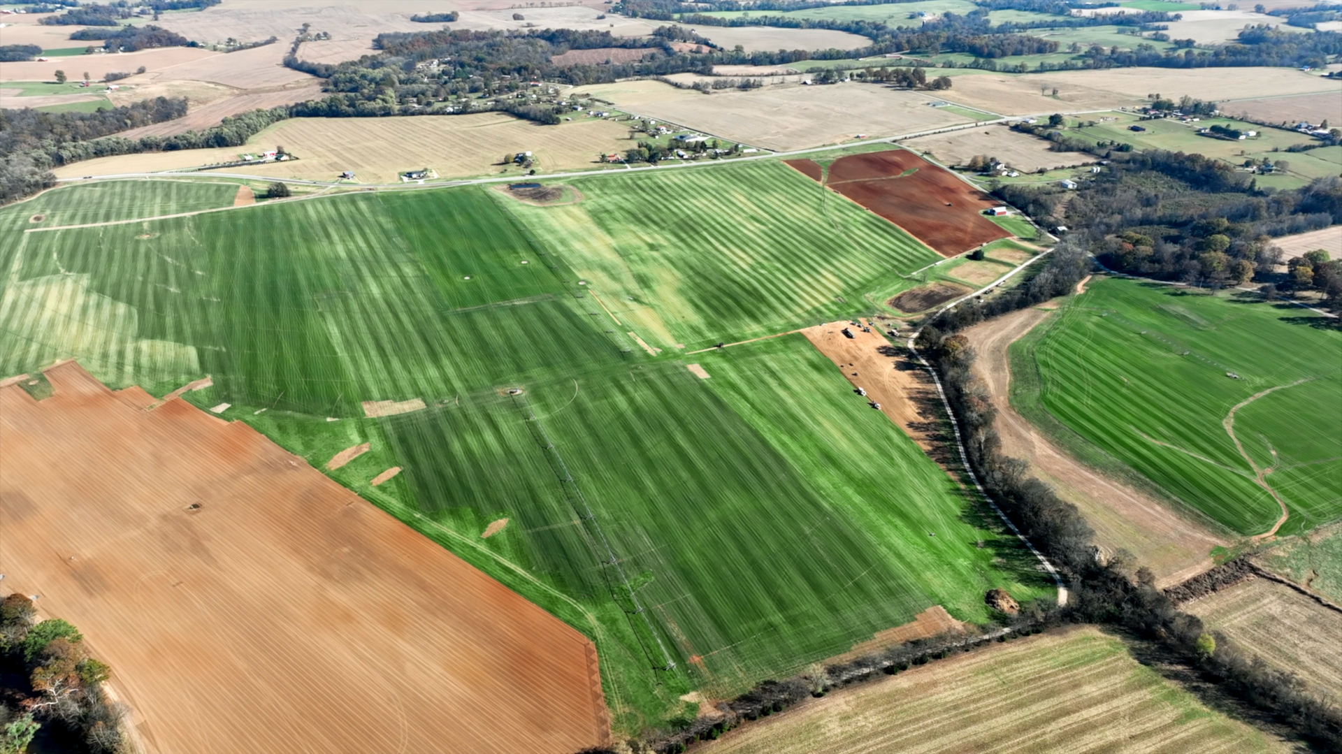 An aerial view of a lush green field with trees in the background.