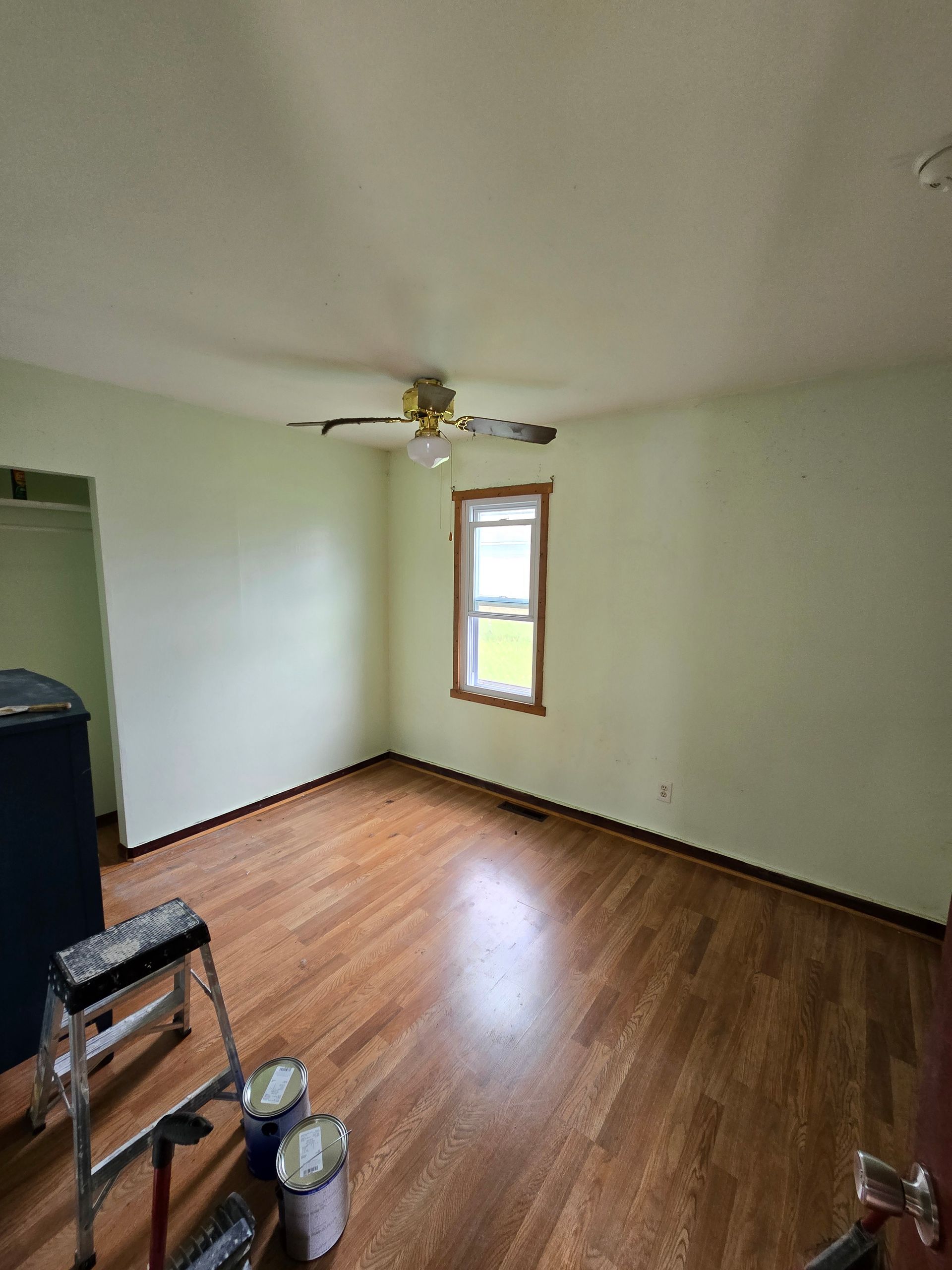 Empty room with hardwood floor, green walls, ceiling fan, and a small window.