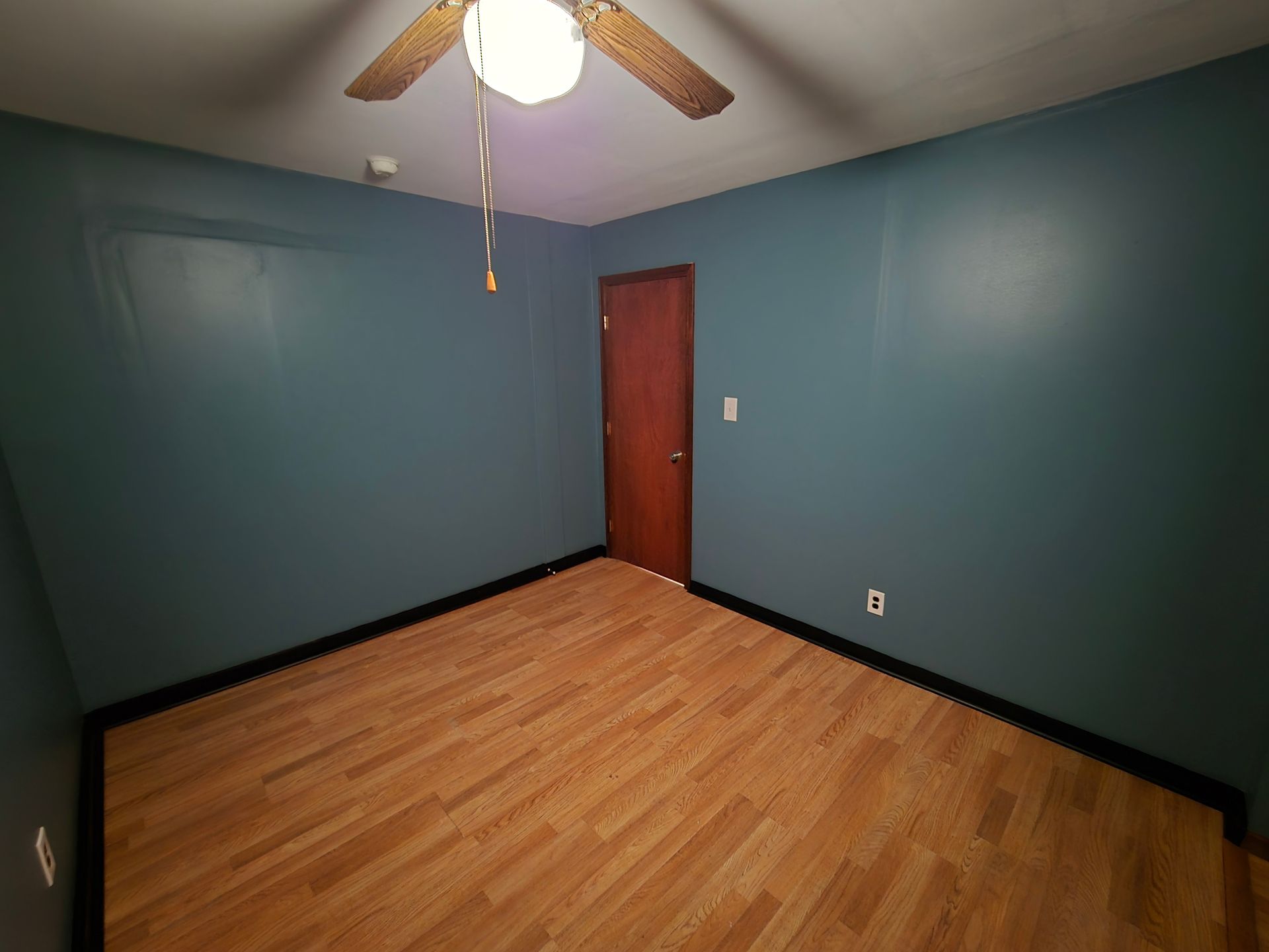 Empty teal bedroom with wood floor, ceiling fan, and closed wooden door.