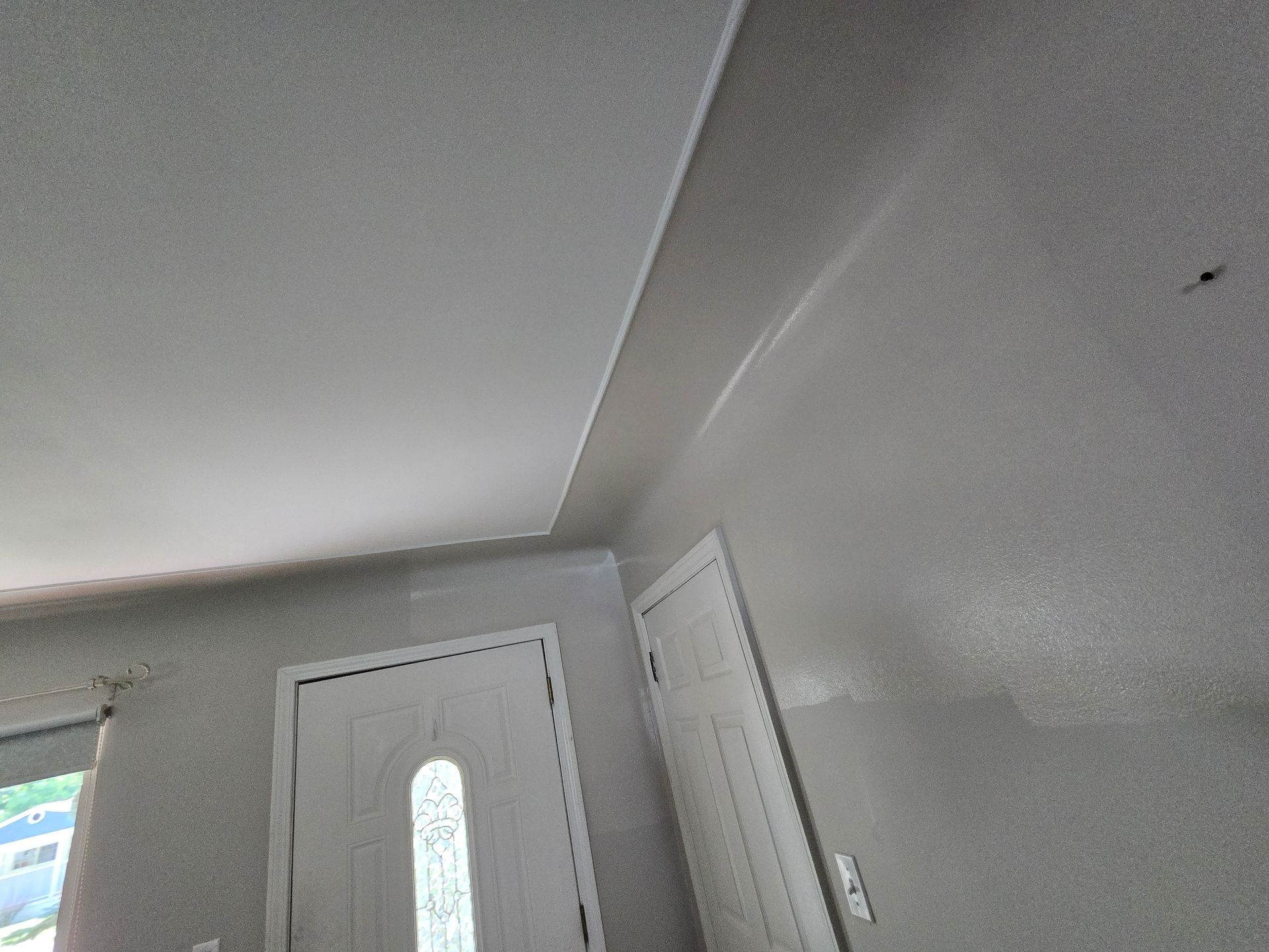 Interior corner with white ceiling, textured gray walls, and a front door with frosted glass panel.
