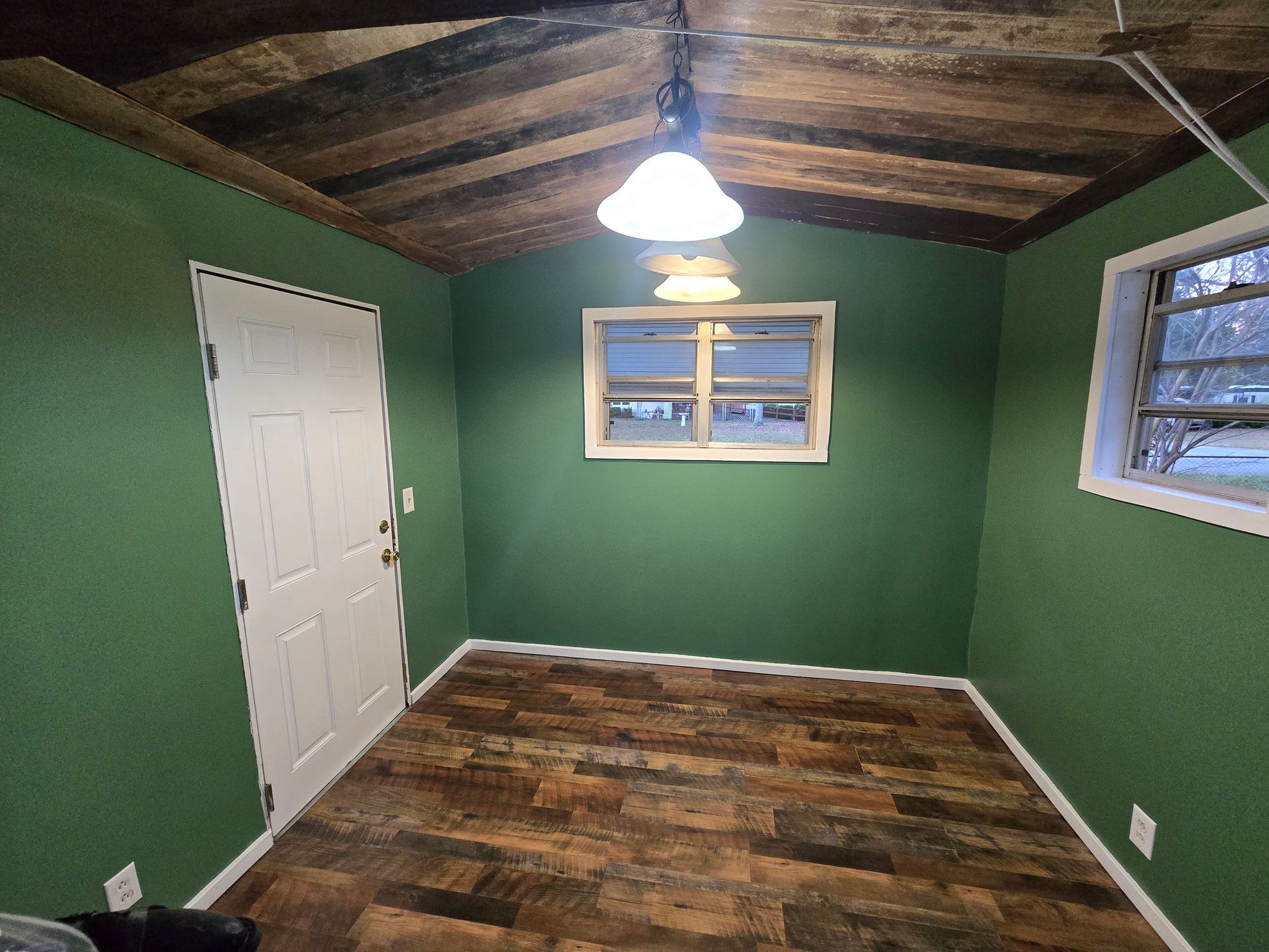 Empty green room with wood floors, white door, two windows, and a ceiling light.