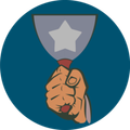 Hand holding a raised silver trophy with a star emblem on a blue circle background