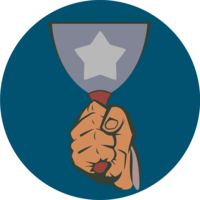 Hand holding a raised silver trophy with a star emblem on a blue circle background
