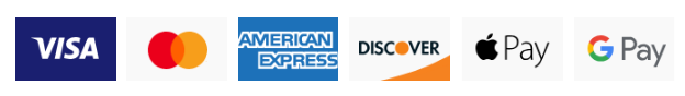 Payment method logos: Visa, Mastercard, American Express, Discover, Apple Pay, and Google Pay.