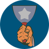 Hand holding a raised silver trophy with a star emblem on a blue circle background