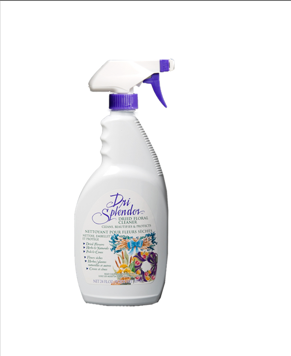 A white floral cleaner bottle sprayer on a white background