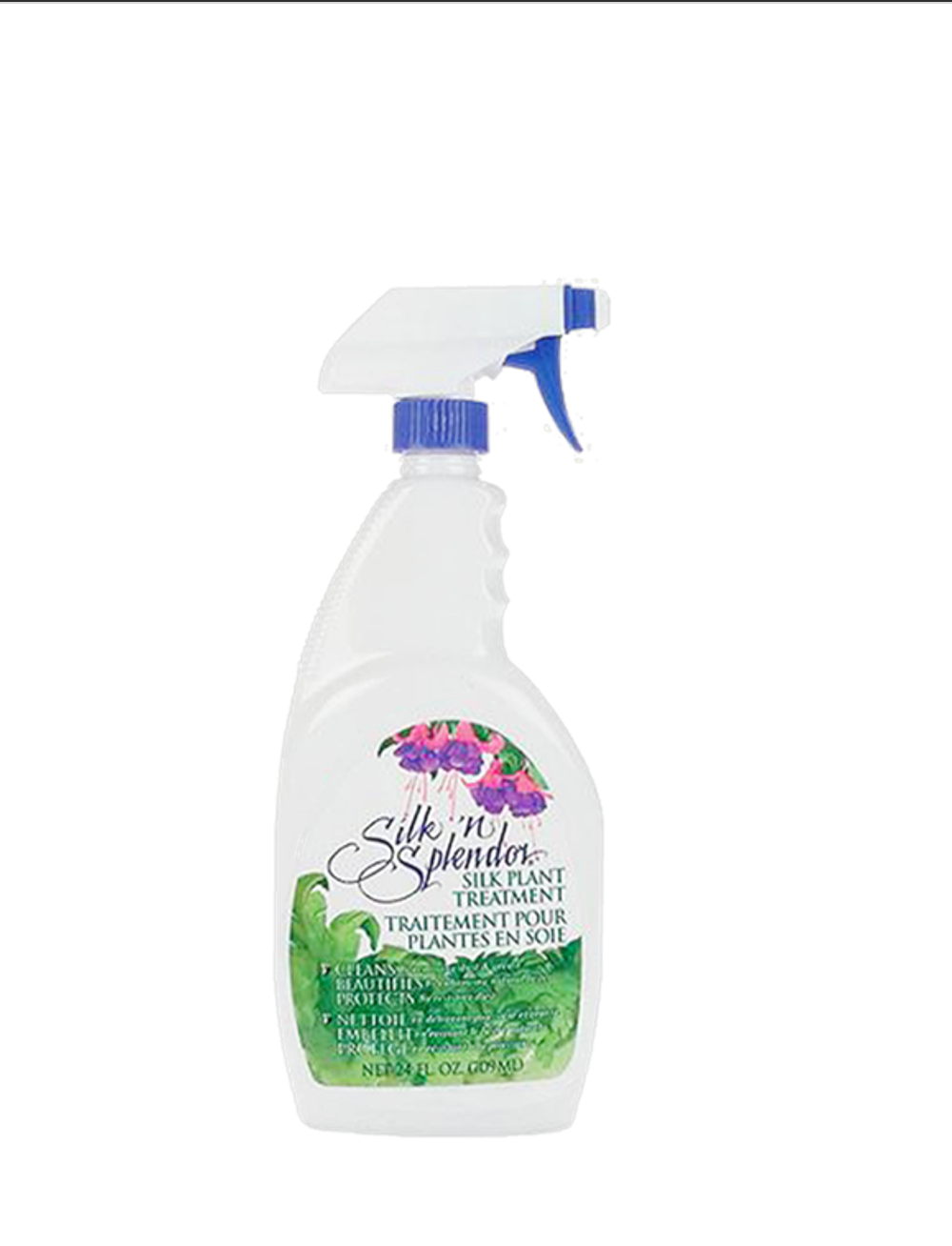 A white spray bottle with a blue cap on a white background.