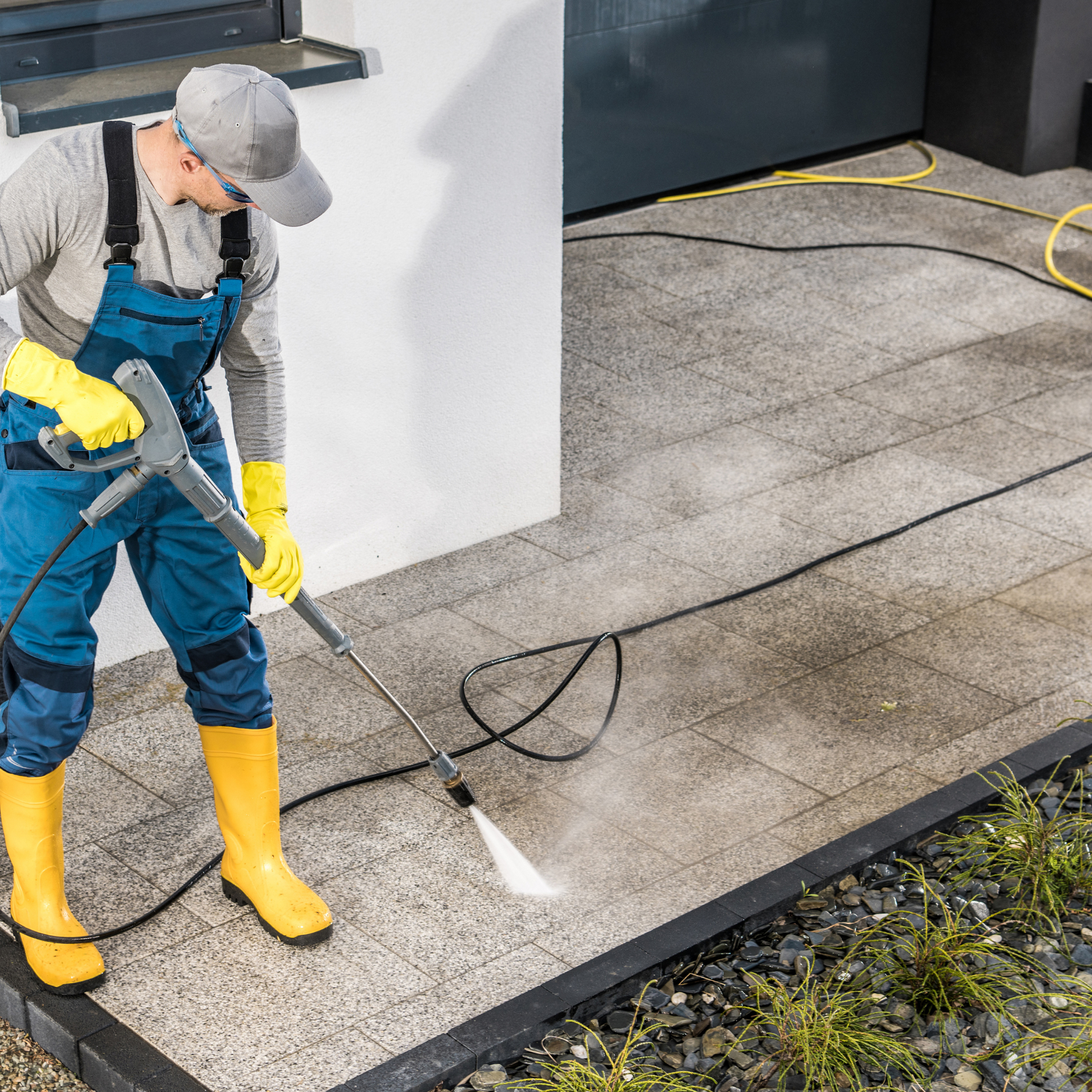 Person in blue overalls pressure washing a gray stone patio.