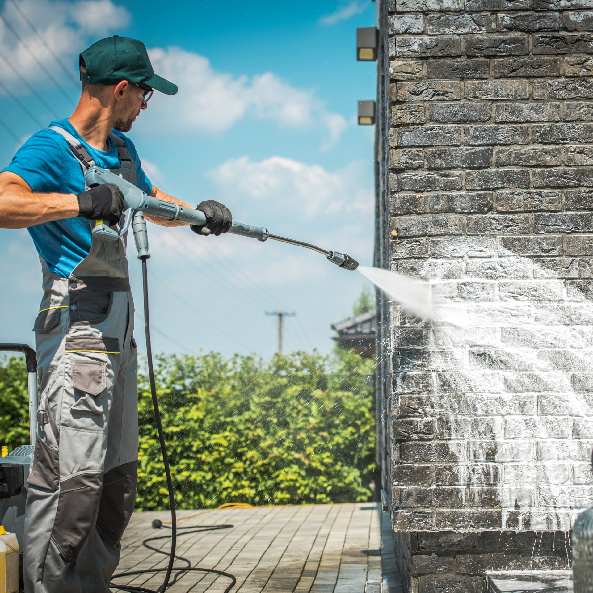Man power washing a brick wall outside on a sunny day.