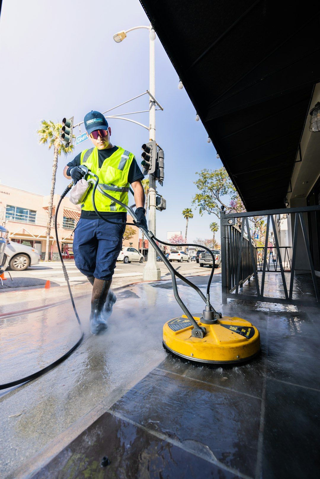 Person using a pressure washer to clean a sidewalk in front of a building.