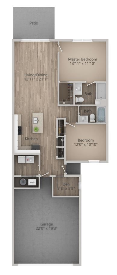 Floor plan of a house with a kitchen, living area, two bedrooms, and a garage.