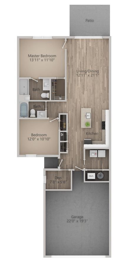 Floor plan of a house, including a garage, kitchen, living room, two bedrooms, a bathroom, and a balcony.