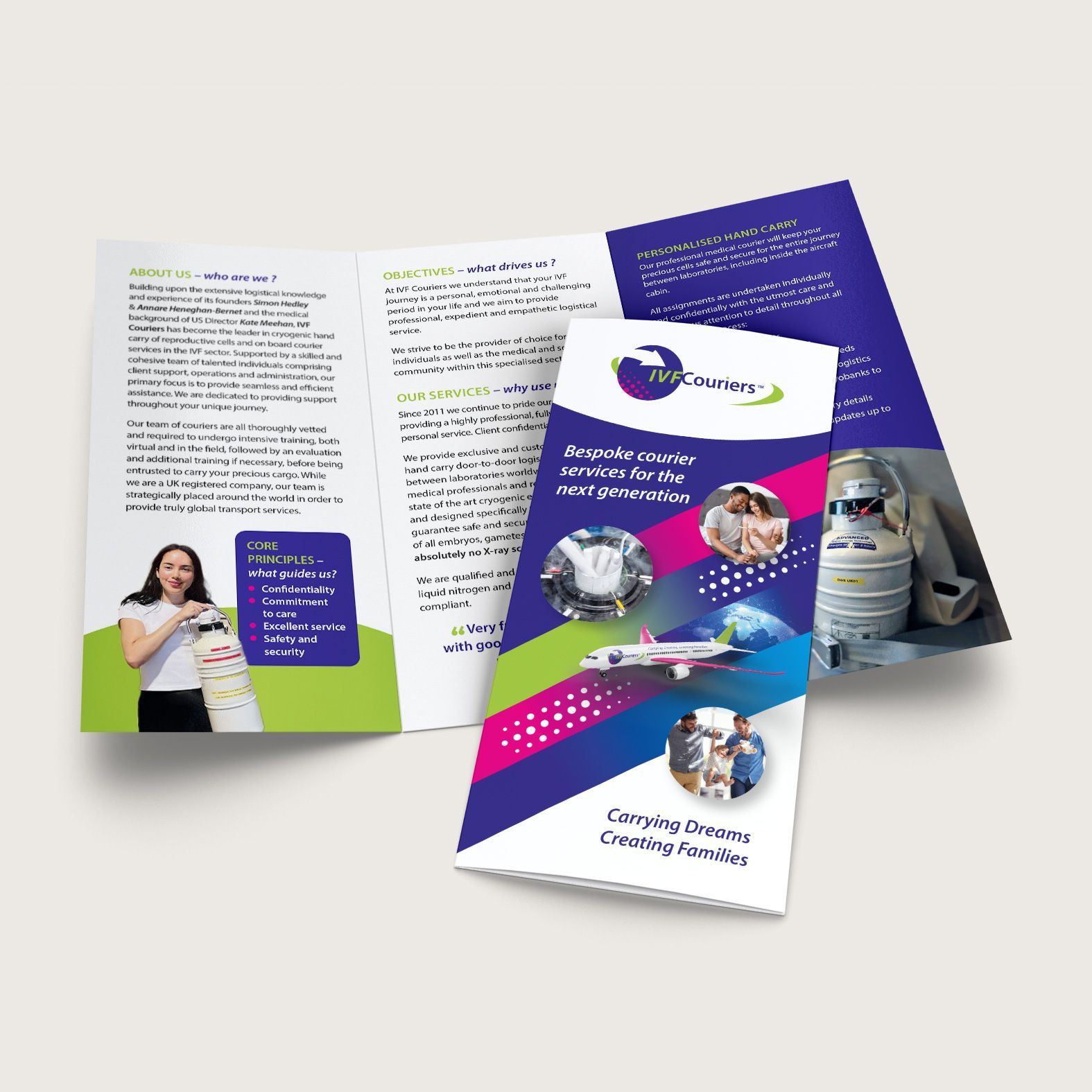 A brochure with a woman on it is sitting on a table.