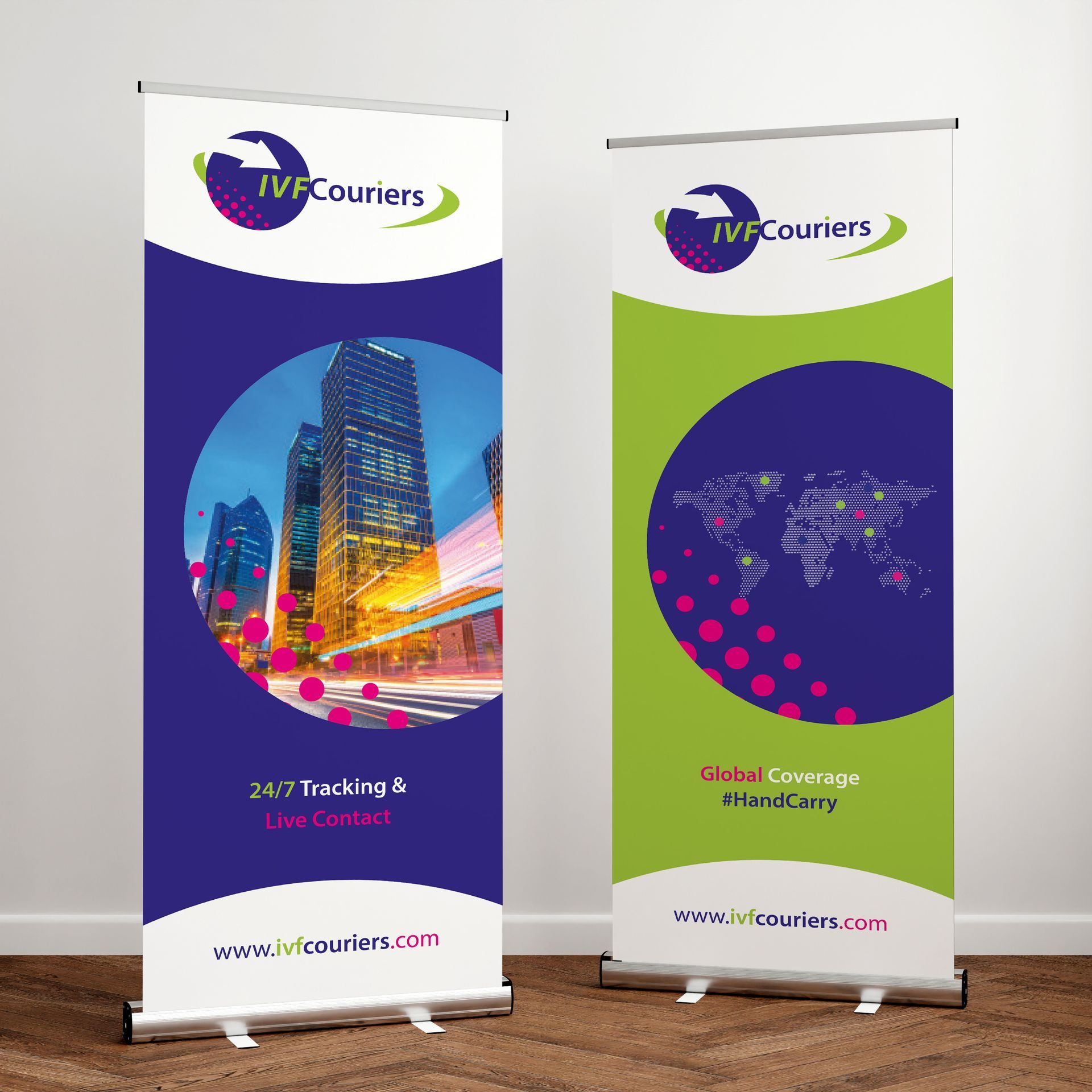 Two banners for ivc couriers are sitting on a wooden floor