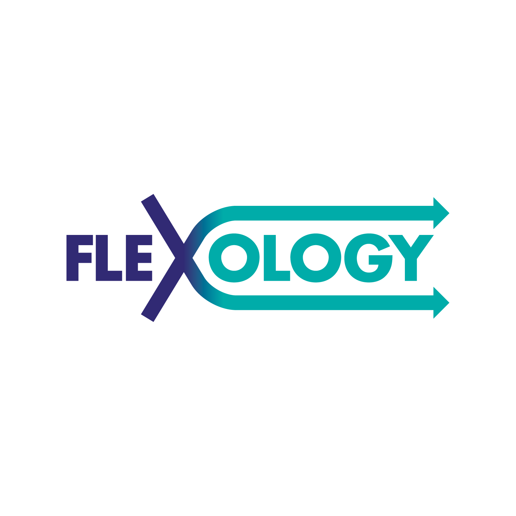 A logo for a company called flexology with two arrows pointing in opposite directions.