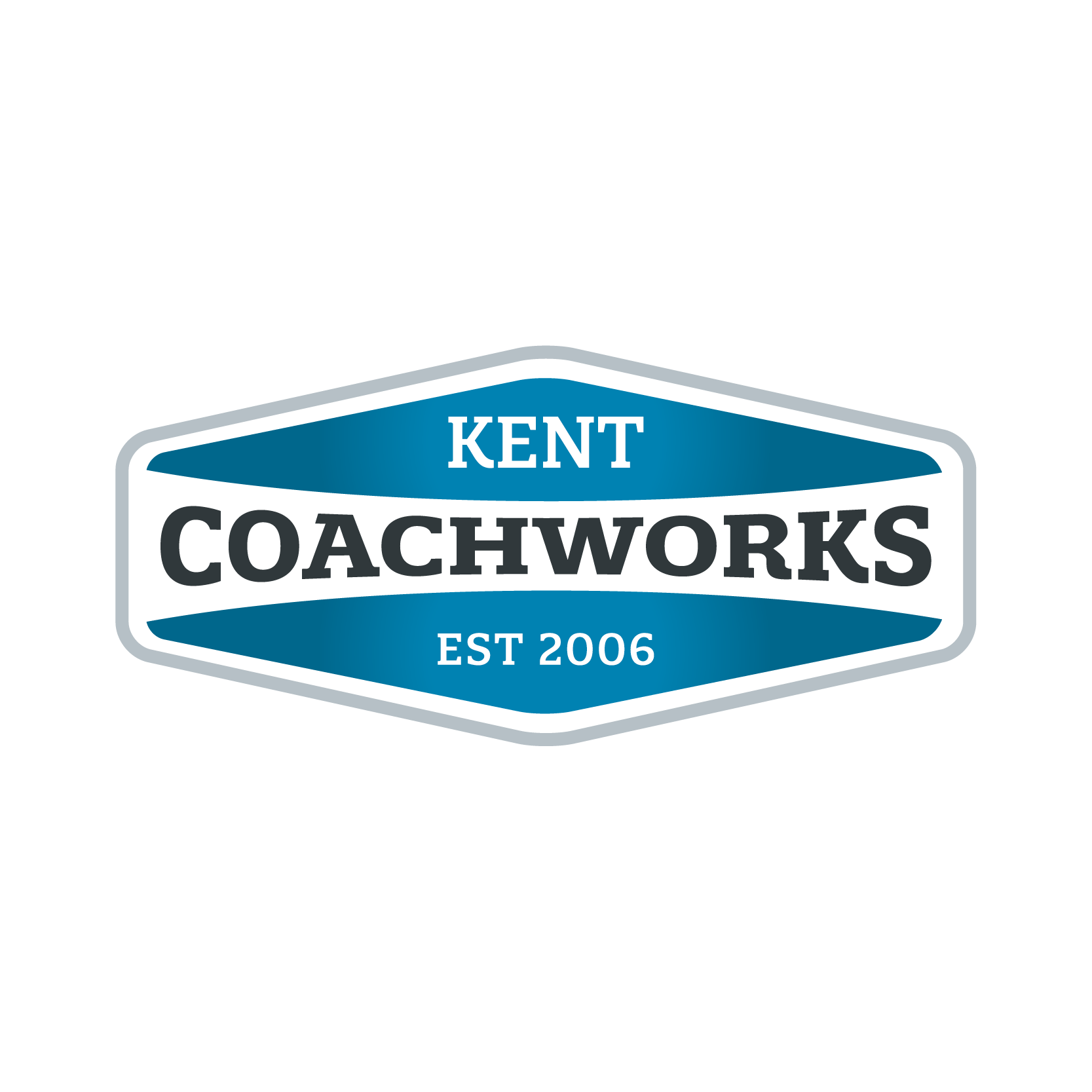 The kent coachworks logo is a blue and white emblem with the words kent coachworks est 2006.
