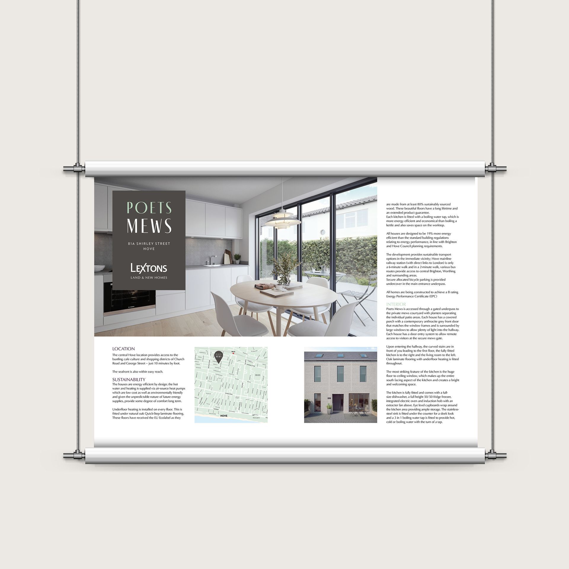 A poster is hanging on a wall with a picture of a kitchen and dining room.