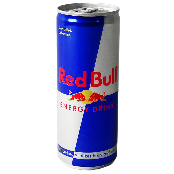 A can of red bull energy drink on a white background