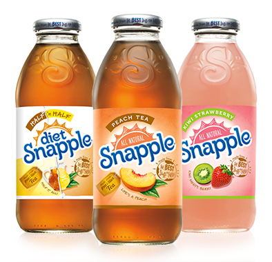 Three bottles of snapple tea are sitting next to each other