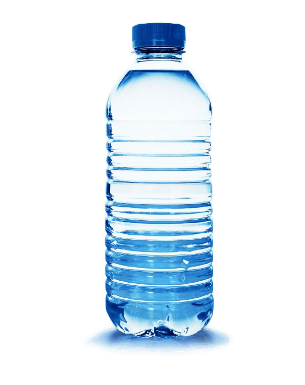 A plastic bottle of water with a blue cap on a white background.