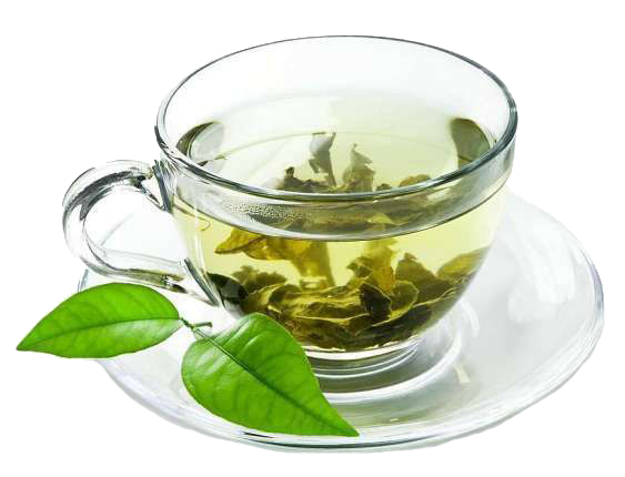 A cup of green tea with leaves on a saucer