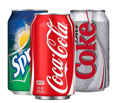 Three cans of soda including sprite coca cola and coke