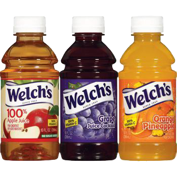 Three bottles of welch 's apple juice grape juice and orange pineapple juice