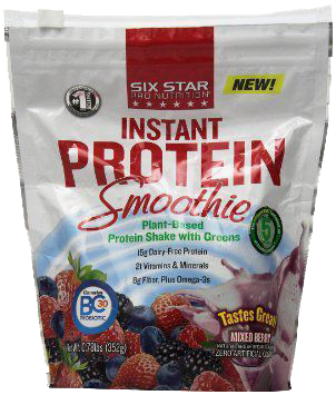 A bag of instant protein smoothie with berries and greens.