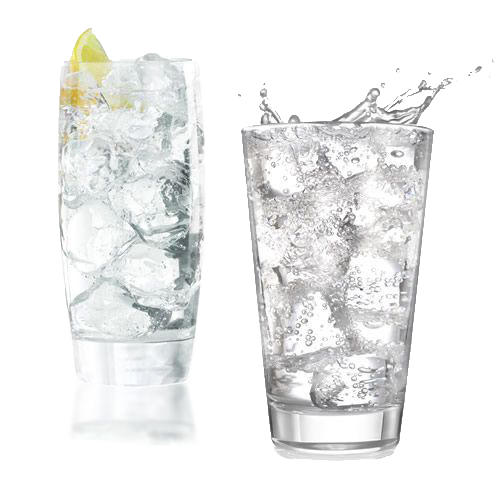 A glass of water with ice and a glass of water with ice and a splash.