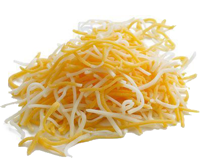 A pile of shredded cheese on a white background.