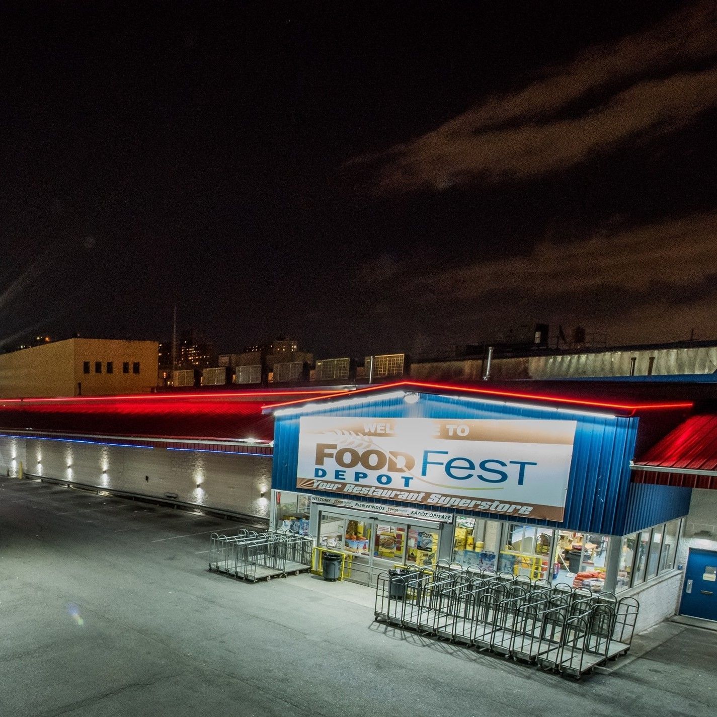 An aerial view of the Foodfest depot at night