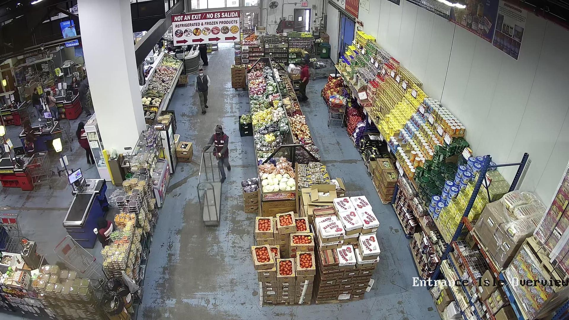 An aerial view of a grocery store filled with lots of fruits and vegetables.