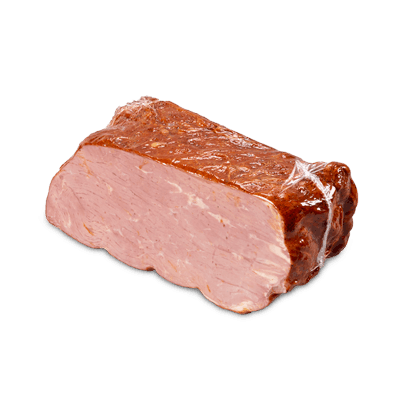 A piece of smoked ham on a white background