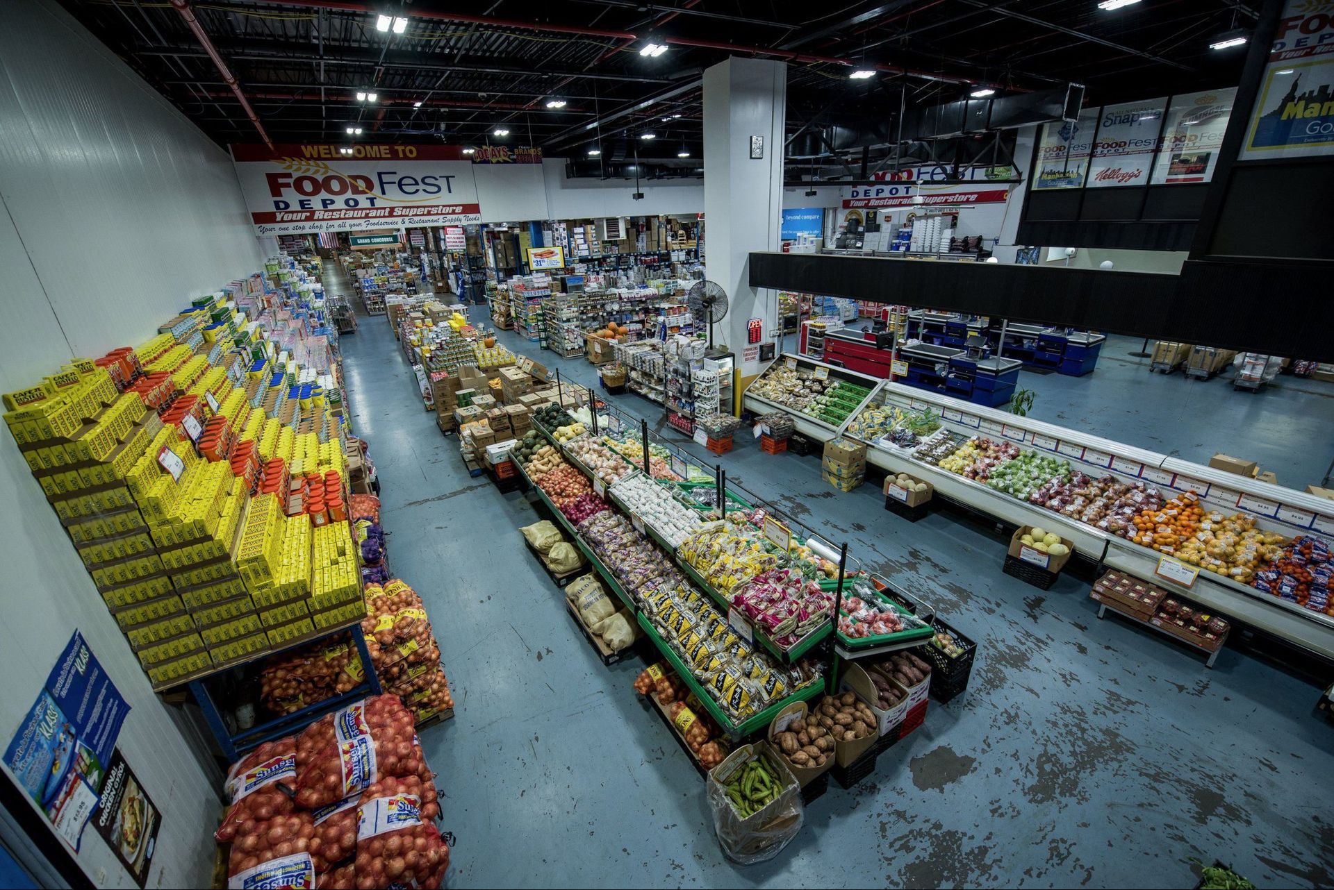 An aerial view of a grocery store filled with fruits and vegetables.