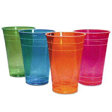 Four different colored plastic cups on a white background
