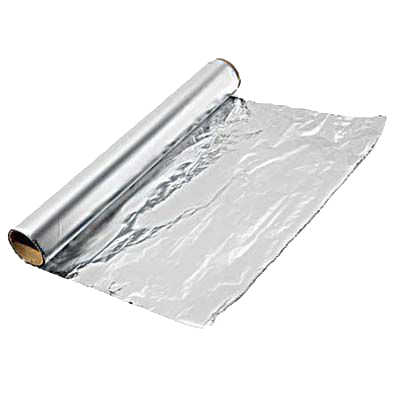 A roll of aluminum foil on a white background.